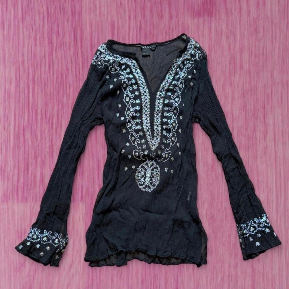 venus 2000s 100% silk sheer long sleeve black top
